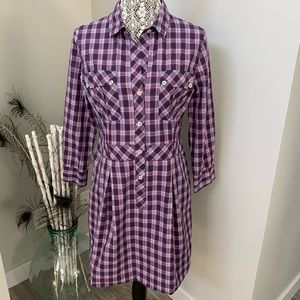 THEORY Collared Shirt Dress Blue Plaid Size 10